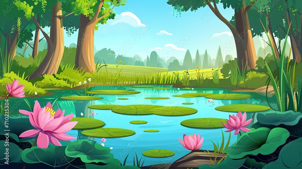 Naklejka premium Forest summer landscape with water lilies on lake surface. Cartoon vector jungle wetland scenery with green grass and bushes, tree trunks on shore of pond with pink lotus flowers and leaf pad