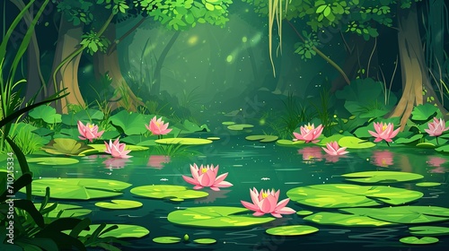 Forest summer landscape with water lilies on lake surface. Cartoon vector jungle wetland scenery with green grass and bushes, tree trunks on shore of pond with pink lotus flowers and leaf pad photo