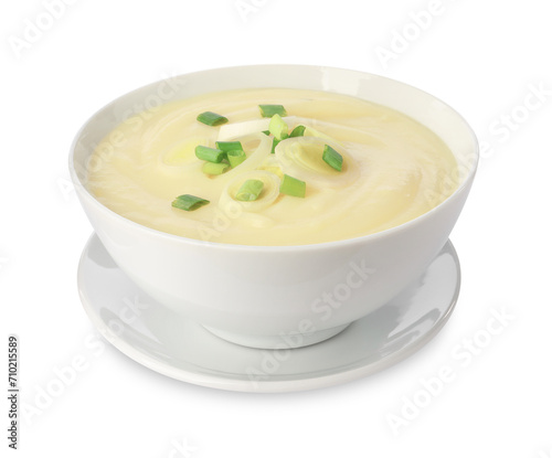 Bowl of tasty cream soup with cut leek isolated on white