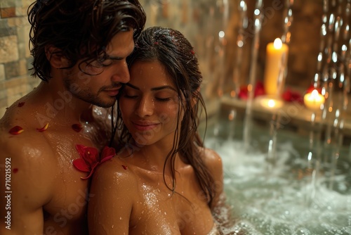 Romantic Moment: An Intimate photo Capturing a Couple in a Luxurious Restroom, Candlelit Ambiance, and Red Massive Flowers - Radiating Passion, Valentine's Day, Honeymoon, and Serene Relaxation