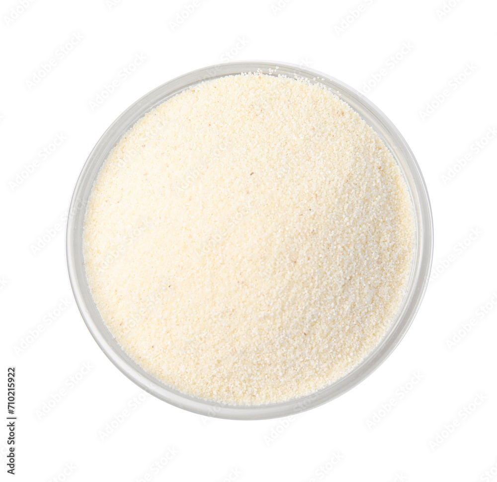 Bowl of uncooked organic semolina isolated on white, top view Bowl of uncooked organic semolina isolated on white, top view
