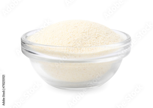 Bowl of uncooked organic semolina isolated on white