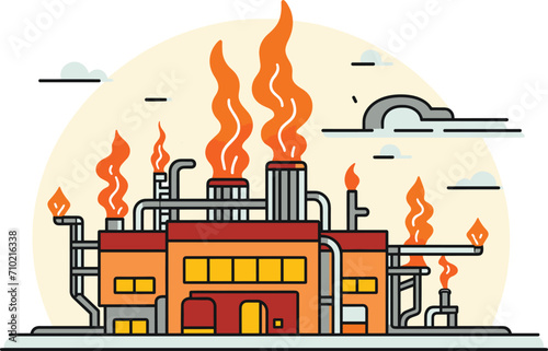 Industrial factory with orange buildings and multiple smokestacks emitting flames. Simplified colorful plant with pipes and industrial vibes. Pollution and energy production vector illustration.