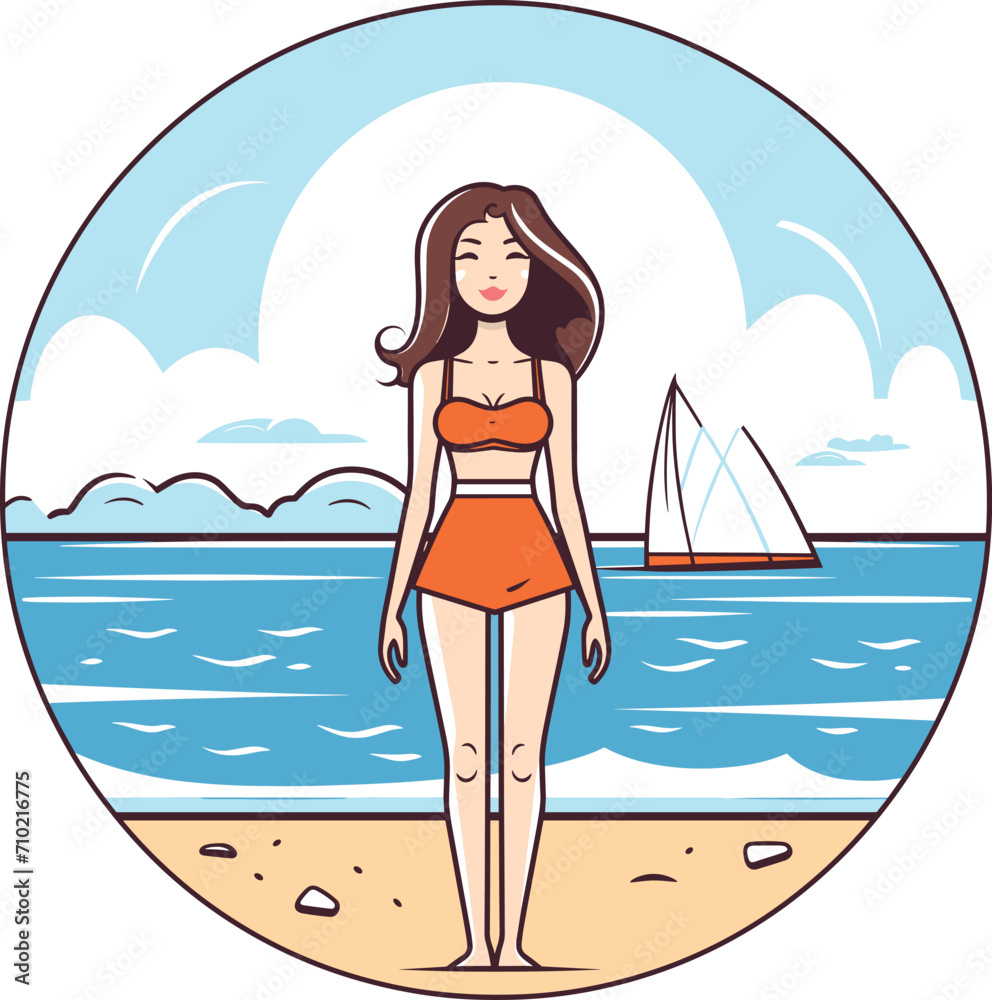Young woman in orange bikini standing on beach with sailboat in background. Summertime vacation and female beachwear fashion vector illustration.