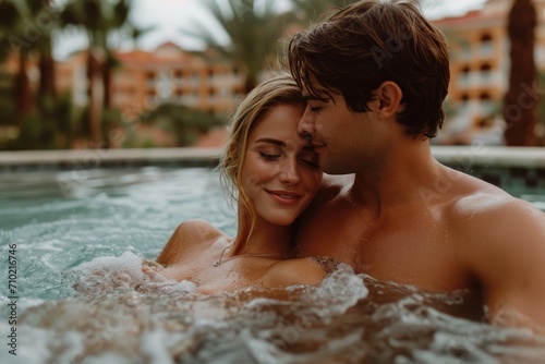 Romantic moment: A Couple in a Mediterranean Resort Pool, Capturing Passion, Valentine's Day, Honeymoon - A Blend of Seduction and Relaxation in an Ambiance of Exclusive Tranquility.