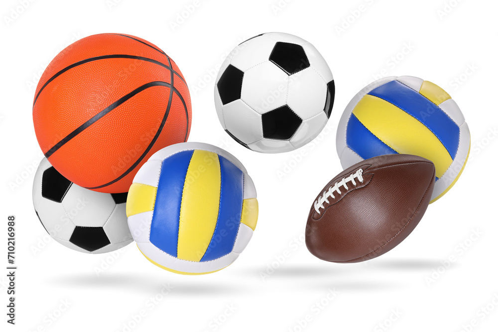 Many balls for different sports flying on white background