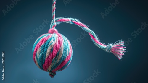 Colorful twisted yarn ball on a blue background
