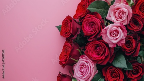 A vibrant bouquet of red and pink roses against a pink background