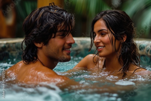 Seductive Serenity: A Couple in a Tropical Resort Pool, Capturing Passion, Valentine's Day, Honeymoon - A Blend of Seduction and Relaxation in an Ambiance of Exclusive Tranquility.