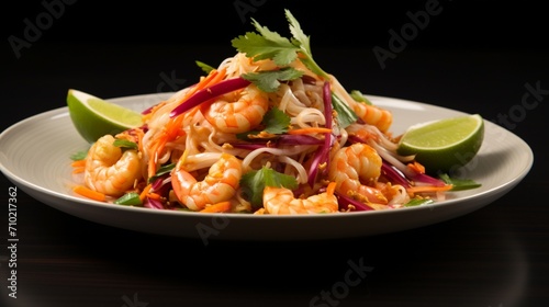 A side angle view of Pad Thai with shrimp, the colors of the dish popping against a neutral background, creating a visually pleasing composition.