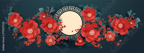 chinese new year greeting card with red flowers asian flyer invitation poster horizontal