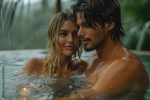 Seductive Serenity  A Couple in a Tropical Resort Pool  Capturing Passion  Valentine s Day  Honeymoon - A Blend of Seduction and Relaxation in an Ambiance of Exclusive Tranquility.  