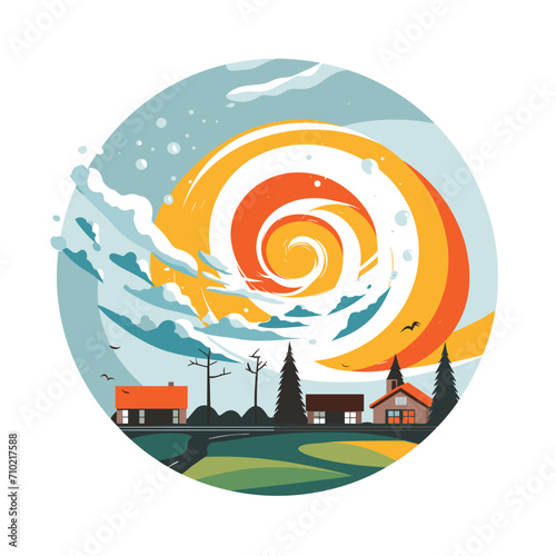 Abstract countryside landscape with swirling sky and sun. Circular whimsical nature scene with houses. Surreal weather phenomenon vector illustration.