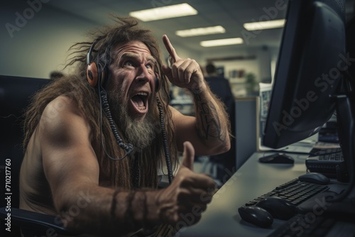 Caveman Professionalism: In the Chaos of an Office, a Neanderthal Screams while Colleagues Engage in Toxic Behavior - A Dark Depiction of Toxic Leadership and a Disrespectful Work Environment.

 photo