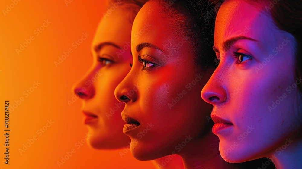 Profile view of three women with colorful lighting Profile view of three women with colorful lighting