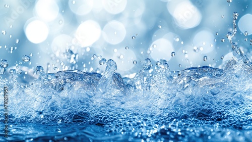 Vivid blue water splashing with light bokeh