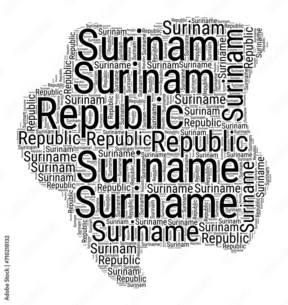 Black and white word cloud in Suriname shape. Simple typography style