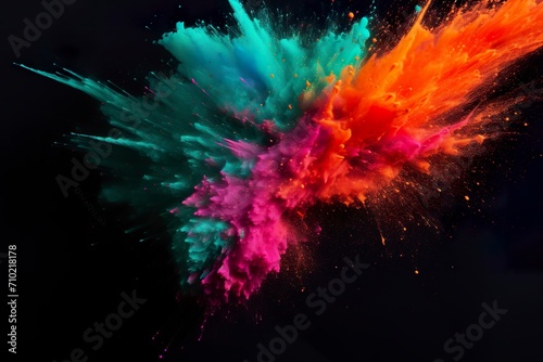 An effusive explosion of colored powder on a black background creating a vibrant and dynamic spectacle. Particles of all colors disperse in the air in an ephemeral visual chaos.
