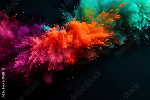 An effusive explosion of colored powder on a black background creating a vibrant and dynamic spectacle. Particles of all colors disperse in the air in an ephemeral visual chaos.