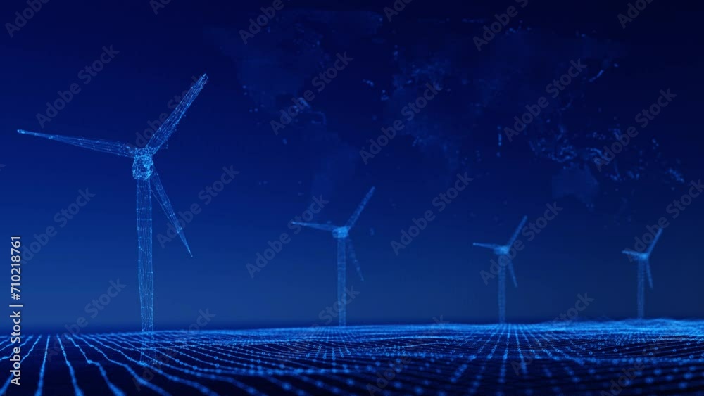 an abstract 3D motion graphic of a wind farm at sea, with wind turbines ...