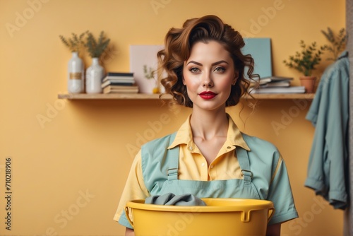 Banner with a cleaning lady and various cleaning equipment, as well as copy space for text.