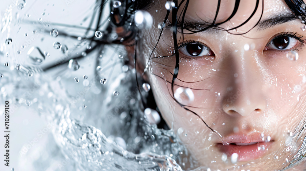 水の恵みで輝くクリアな美肌のアジア系女性