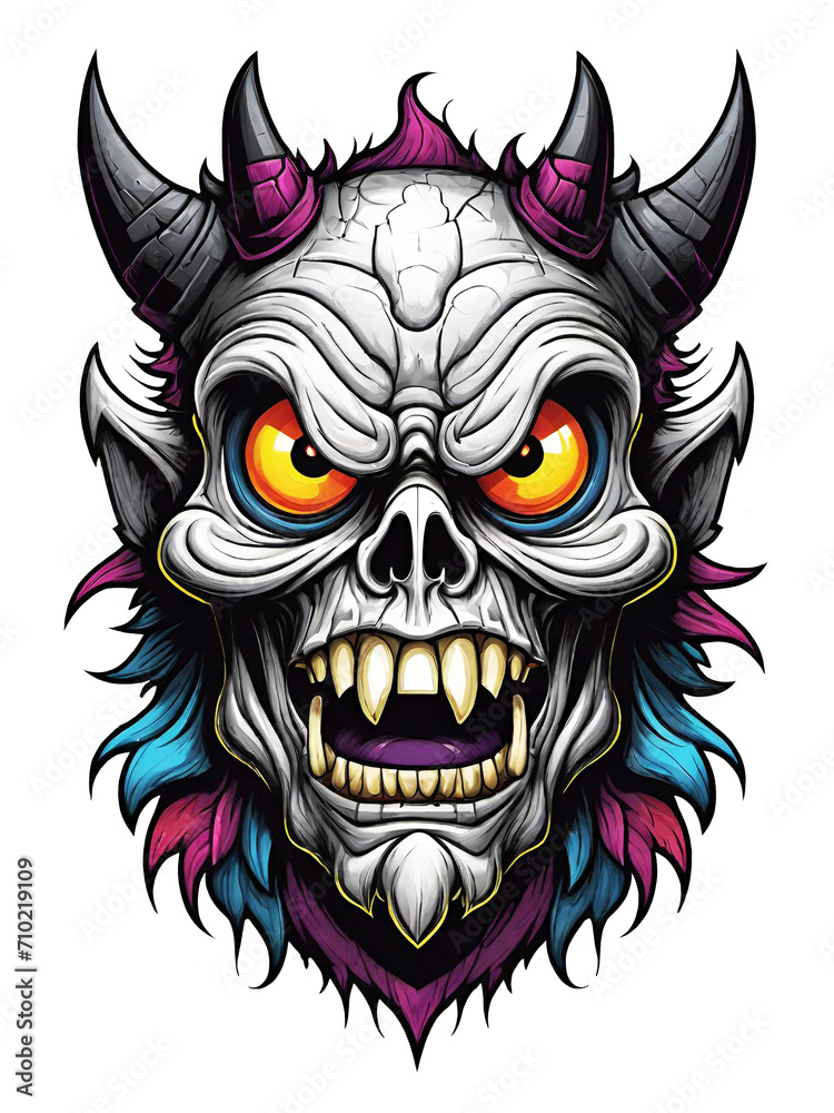 Obraz premium Gothic skull head with horns cartoon style illustration on transparent background