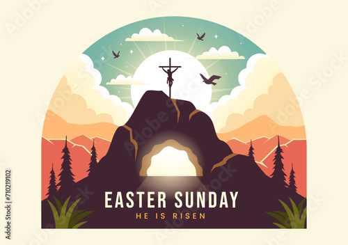 Happy Easter Sunday Vector Illustration of Jesus, He is Risen and Celebration of Resurrection with Cave and the Cross in Flat Cartoon Background