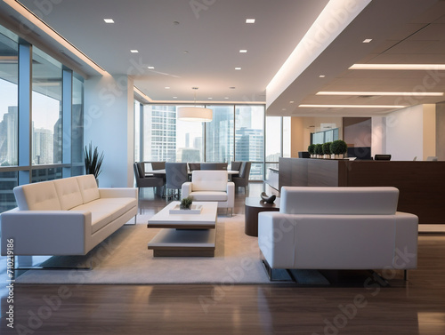 Sleek and modern corporate office with stylish furnishings, exuding professionalism and sophistication.