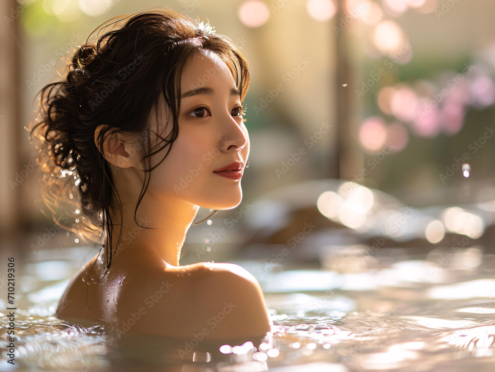 温泉での至福の時間を楽しむアジア系女性 StockFoto Adobe Stock