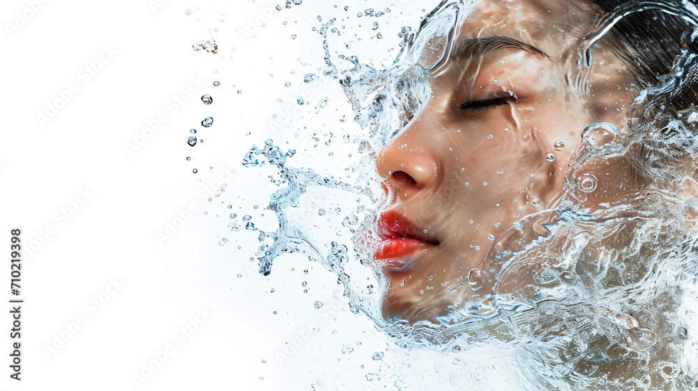 水の恵みを受ける美しい肌のアジア系女性の横顔