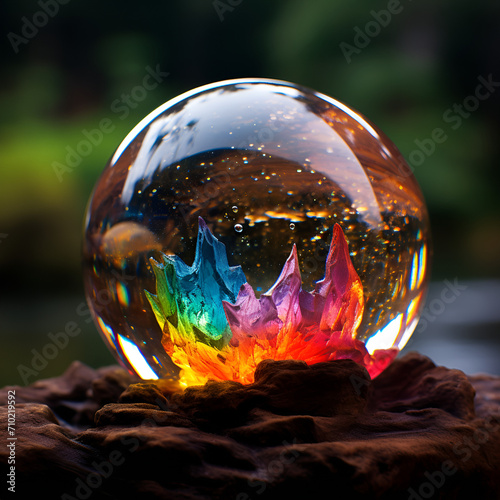 a rainbow volcano inside of a glass ball, high resolution, glitter, closeup Ai generative 