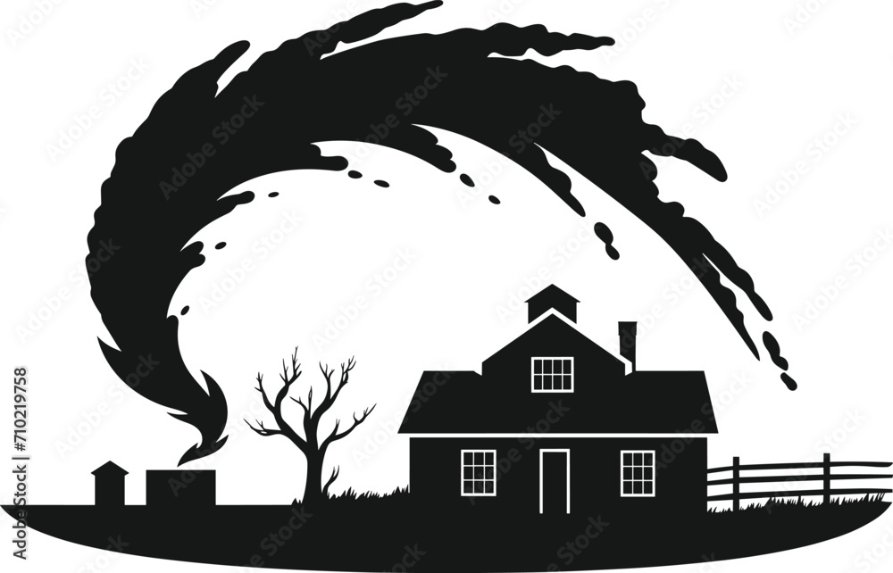 Black silhouette of a tornado approaching a farmhouse with a bare tree. Extreme weather and natural disaster scene vector illustration.