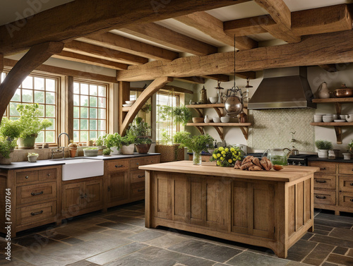 A warm and charming farmhouse kitchen with exposed beams, radiating a cozy and rustic atmosphere.