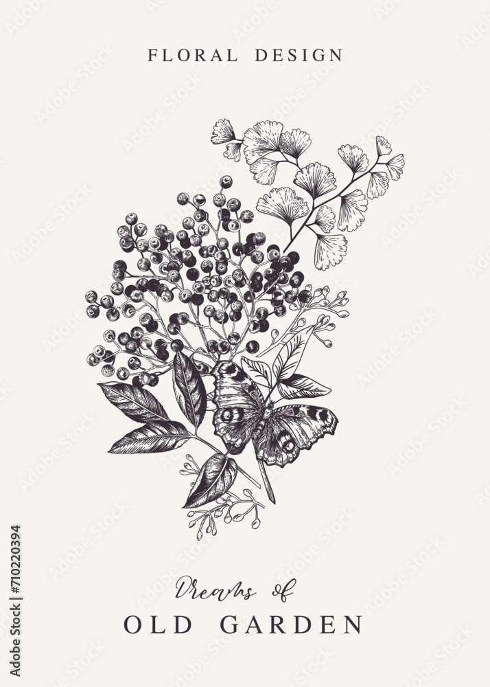 Bouquet with elderberry, leaves and butterfly. Linear art. Floral pattern. Vector card. Botanical illustration. Vintage. Black and white.