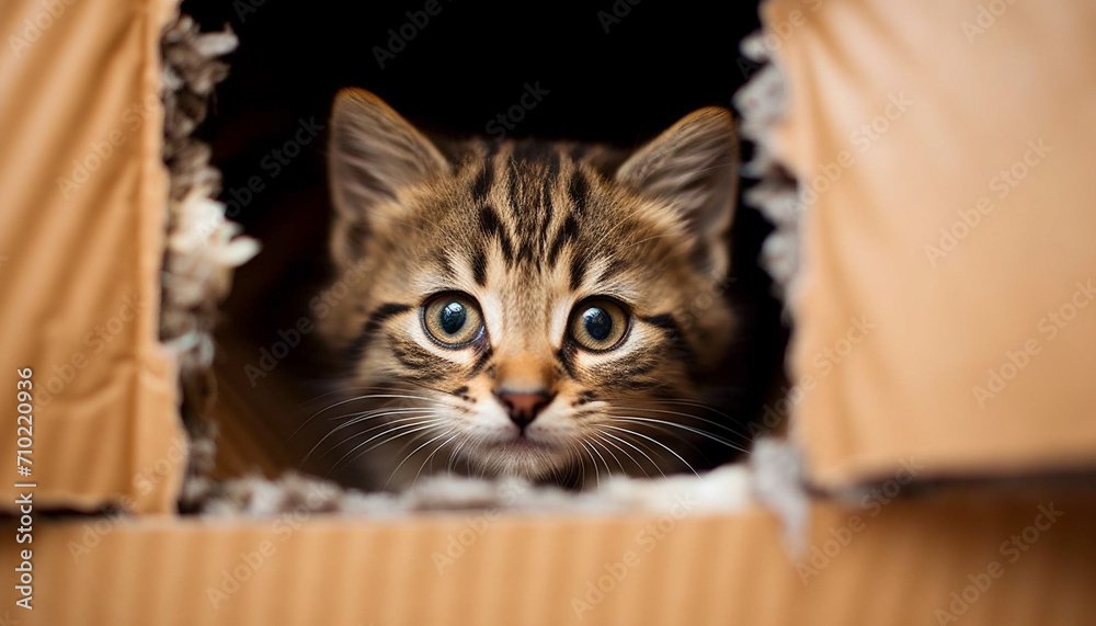 Cute kitten hiding in box, peeking with curious eyes generated by AI Cute kitten hiding in box, peeking with curious eyes generated by AI