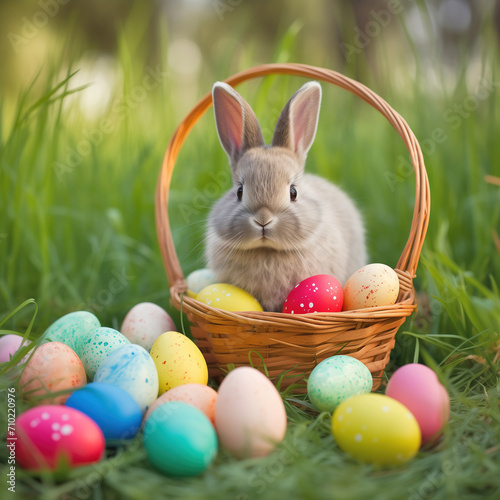 Easter Bunny with Colorful Eggs in a Basket © marishatti