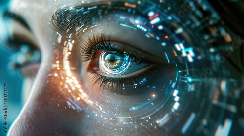 Futuristic females bionic eye close up shot. Data is reflected on the retina, data science communication future technology concept photo