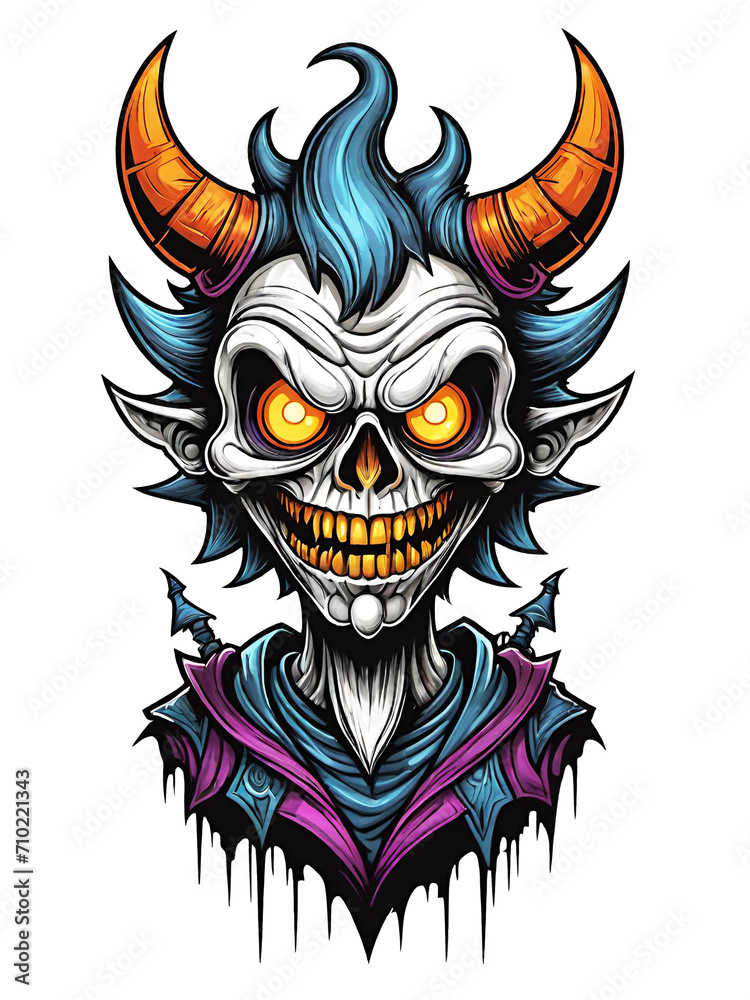 Skull head of the devil in cartoon style illustration on transparent background