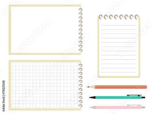 シンプルなメモ帳と鉛筆とペン リング式ノートのフレーム