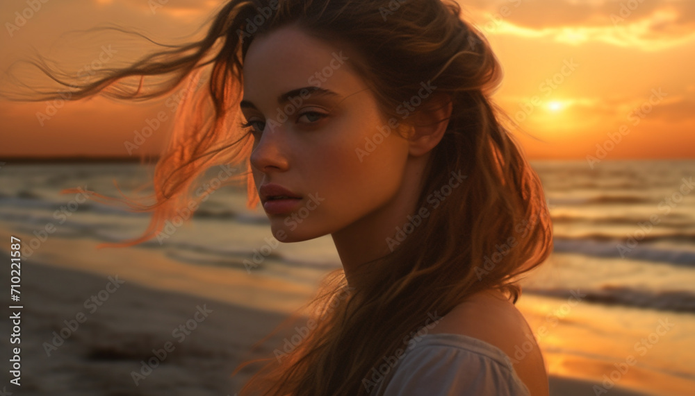 Young woman enjoying the sunset on a sandy beach generated by AI Young woman enjoying the sunset on a sandy beach generated by AI
