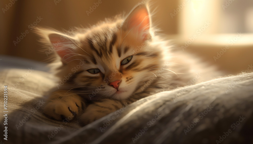 Cute kitten resting on sofa, staring with beautiful eyes generated by AI