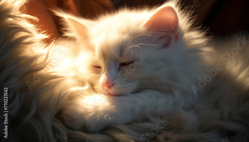 Cute kitten sleeping, fluffy fur, striped, staring with blue eyes generated by AI