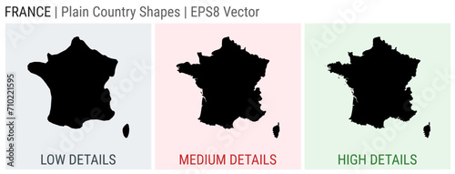 France - plain country shape. Low, medium and high detailed maps of France. EPS8 Vector illustration.