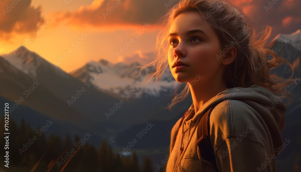 Young woman hiking in the mountains, enjoying the sunset generated by AI Young woman hiking in the mountains, enjoying the sunset generated by AI