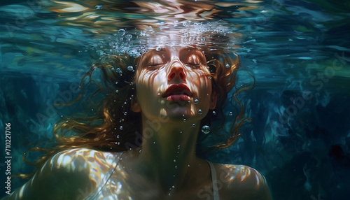 One woman underwater, enjoying the beauty of nature generated by AI