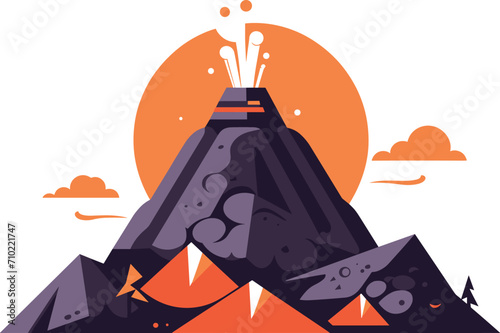 Erupting volcano with magma, smoke, and ash under orange sky. Dynamic nature disaster illustration. Dangerous volcanic eruption landscape vector illustration.