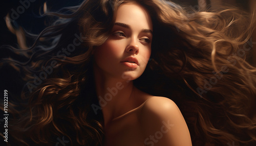 Young adult woman with long curly brown hair, looking sensually generated by AI