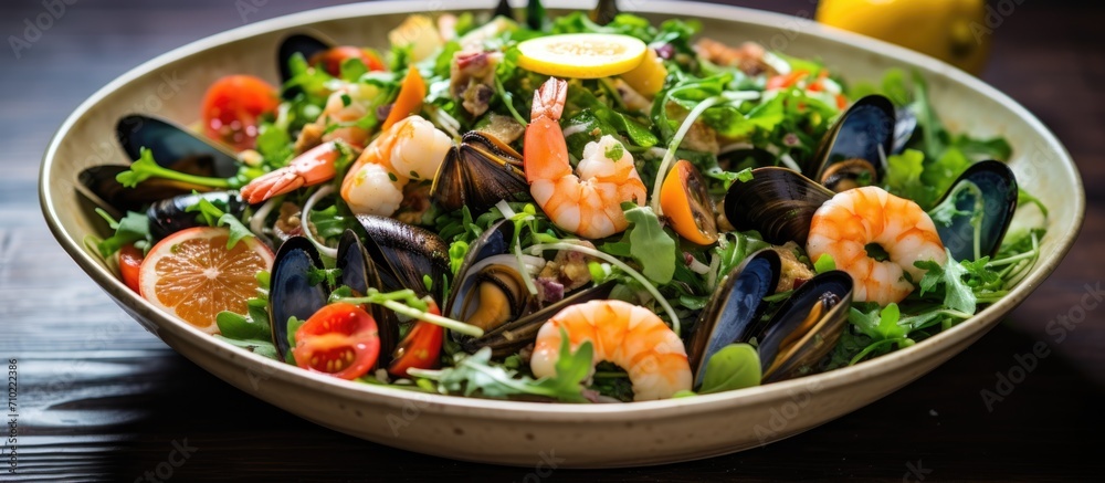 Mediterranean seafood salad with fresh shrimp, mussels, citrus fruits, capers, and greens.