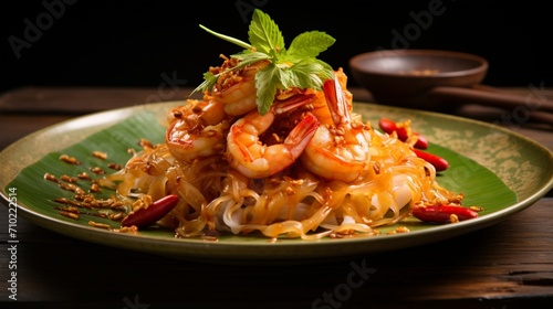 An artistic presentation of Pad Thai with shrimp, skillfully arranged to showcase the layers of flavors and textures, expertly lit for realism.
